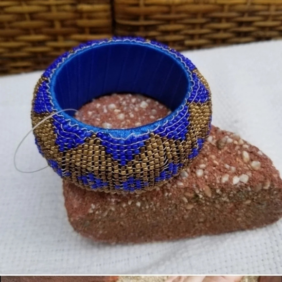 Beaded  blue‎ / gold Tribal bangle New - Picture 6 of 7